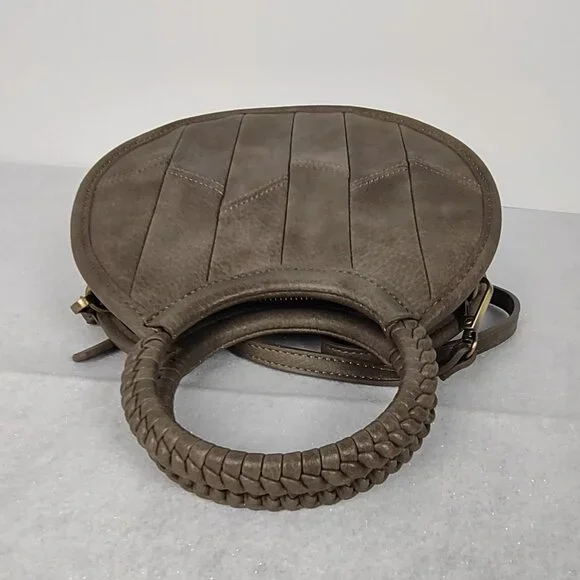 Antik Kraft Round Crossbody Bag Gray Brown Faux Leather Braided Handle - Picture 6 of 14